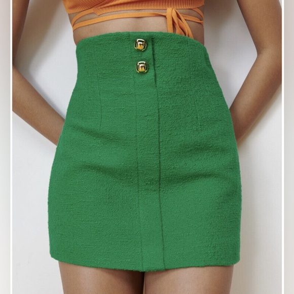 ZARA green textured cotton mini skirt with gold buttons M - Picture 1 of 5